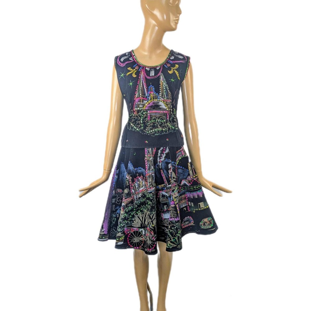 Vintage 1950s black velvet‎ hand painted skirt and top set, Mid Century Mexican